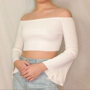Seek the label off the shoulder bell sleeve top